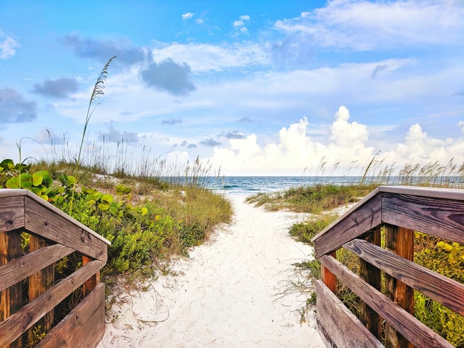 Wooden boardwalk path through sea oats leading to the Gulf beach