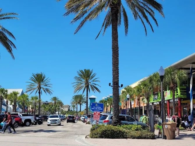 Sandy path with colorful directional signs and palm trees near Madeira Beach