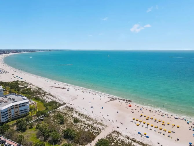Wide white sand beach with the Gulf and blue sky